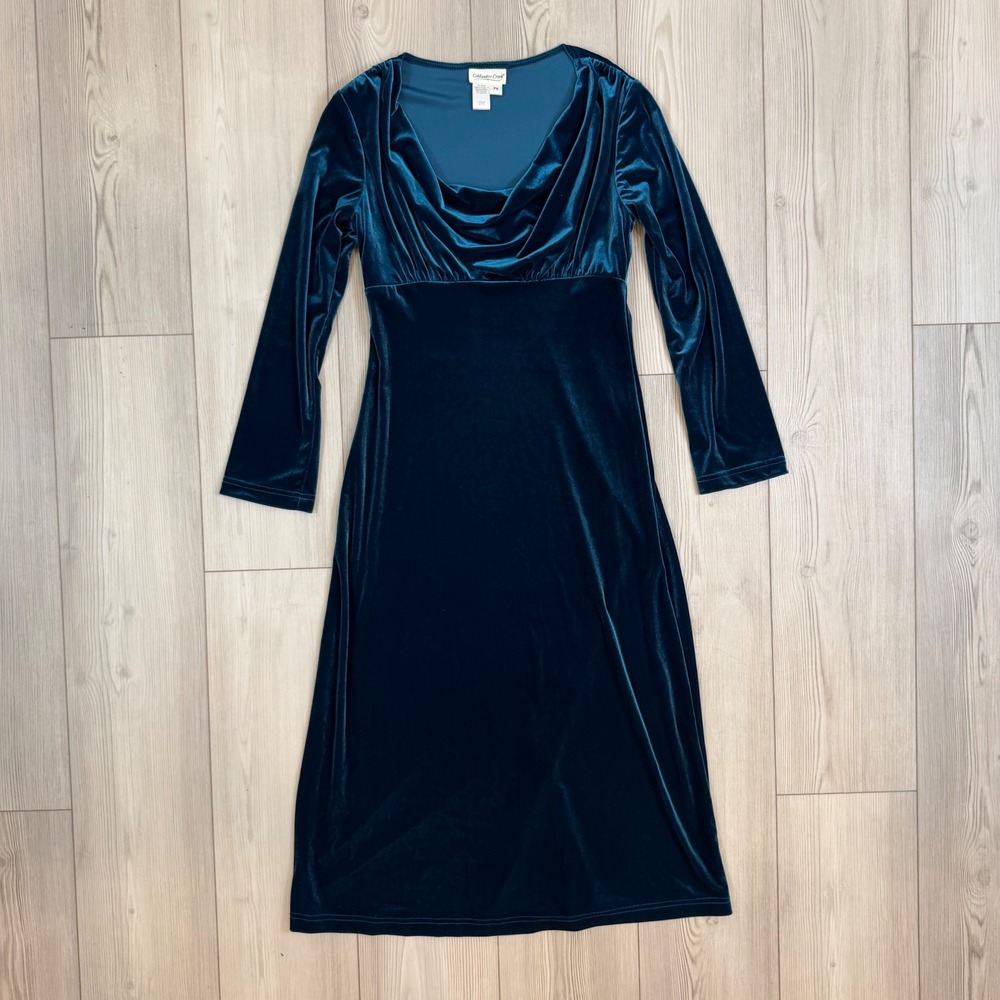 Coldwater Creek Teal Blue Velvet Cowl Neck Empire Waist Midi Dress P6 Petite